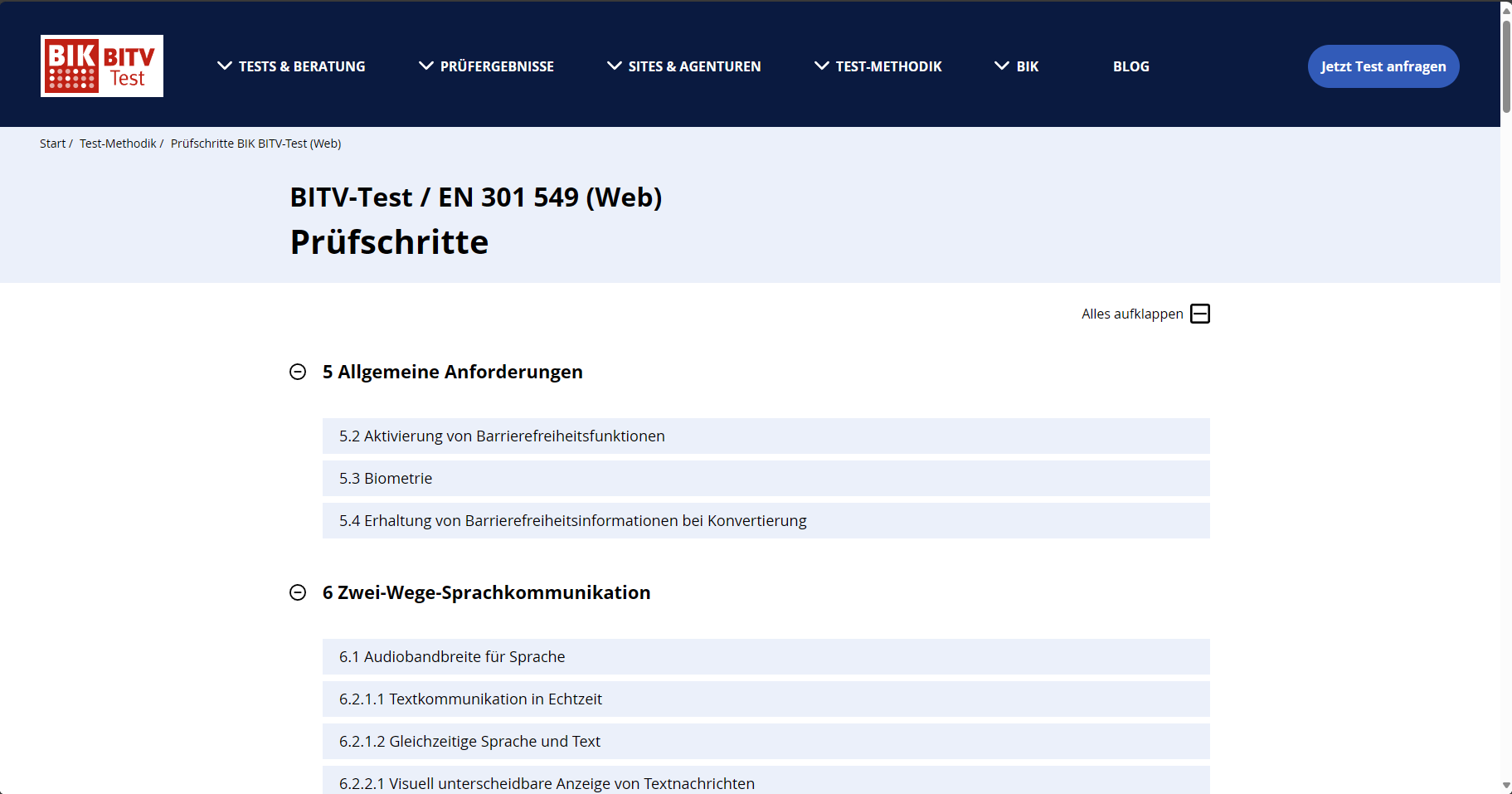 Prüfschritte der BITV. Zu sehen sind Allgemeine Anforderungen und Punkte zur Zwei-Wege-Sprachkommunikation.